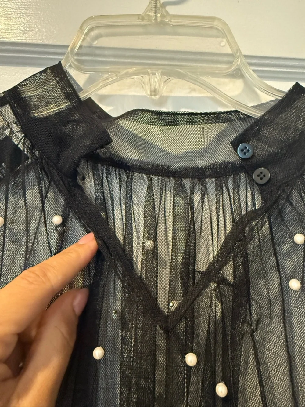 Forever 21 Black Sheer Pearl-Embellished Long Sleeve Blouse - Picture 4 of 6
